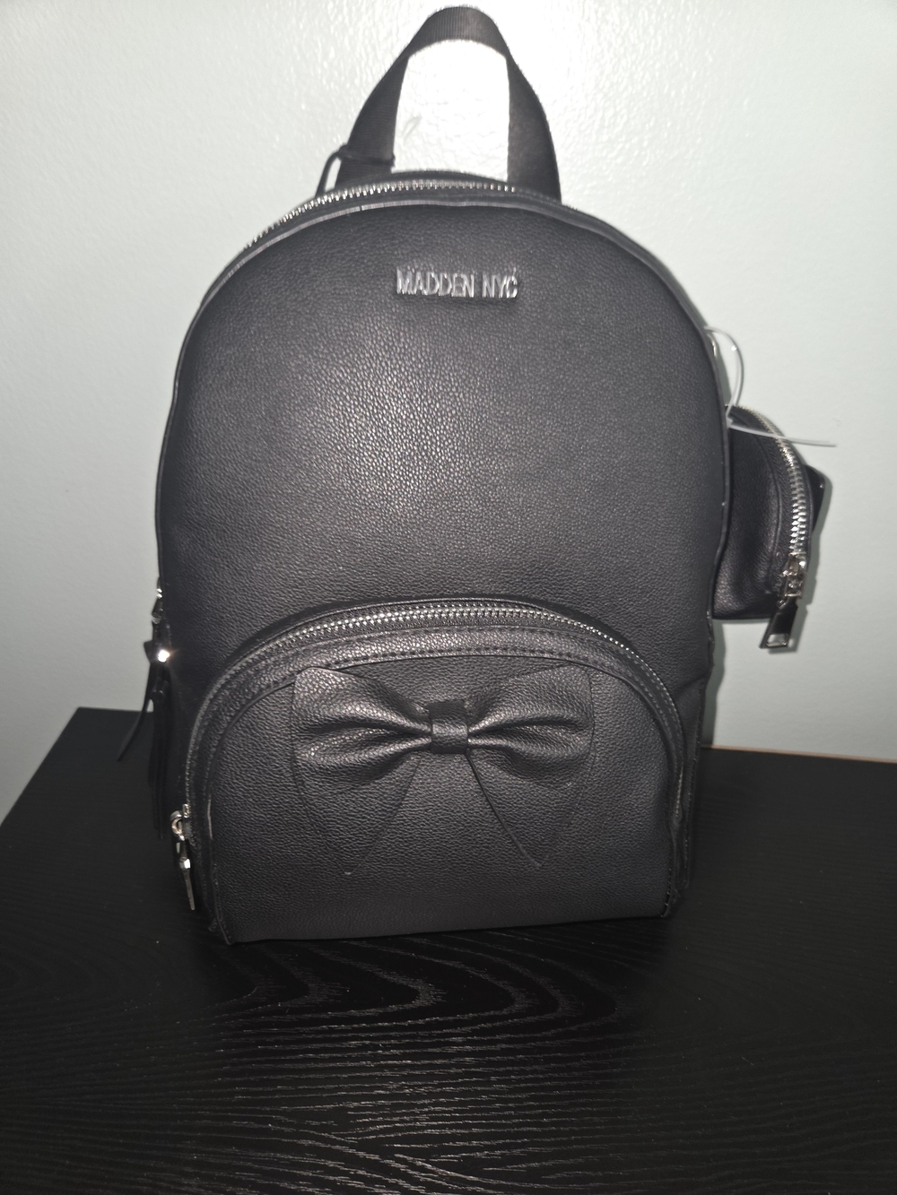 Madden NYC Black Faux Leather Bow Backpack